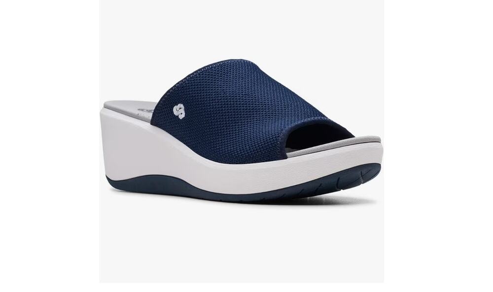 Clarks Cloudsteppers  Cali Bay Blue Canvas Slip On Wedge Heel Sandal Women US 10